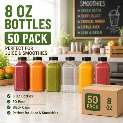 8 oz Square Clear PET Juice Bottle with Lid - 50/Case