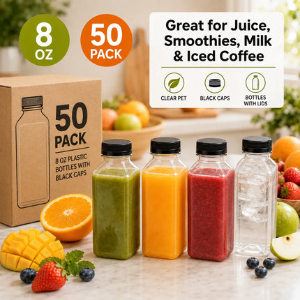8 oz Square Clear PET Juice Bottle with Lid - 50/Case