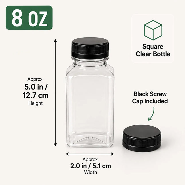 8 oz Square Clear PET Juice Bottle with Lid - 50/Case
