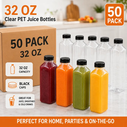 32 oz Clear PET Juice Bottle with Lid - 50/Case