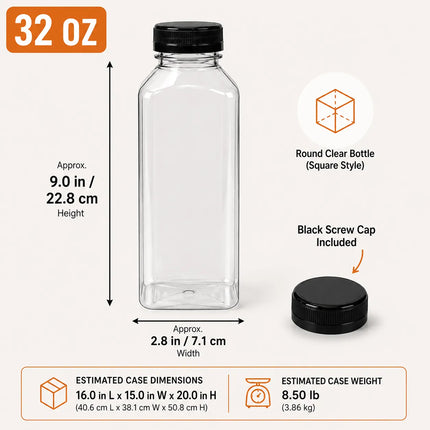 32 oz Clear PET Juice Bottle with Lid - 50/Case