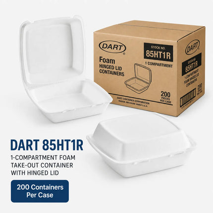 Three white Dart 85HT1R foam hinged lid take-out containers shown on a light gray background, with one open container, one closed container, and a brown cardboard shipping box. Blue text at the bottom reads 'DART 85HT1R 1-COMPARTMENT FOAM TAKE-OUT CONTAINER WITH HINGED LID' and '200 Containers Per Case'.