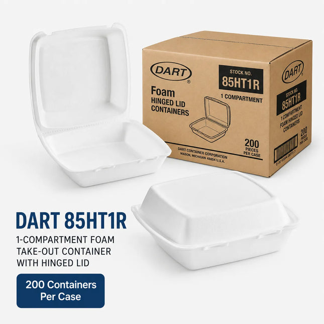 Three white Dart 85HT1R foam hinged lid take-out containers shown on a light gray background, with one open container, one closed container, and a brown cardboard shipping box. Blue text at the bottom reads 'DART 85HT1R 1-COMPARTMENT FOAM TAKE-OUT CONTAINER WITH HINGED LID' and '200 Containers Per Case'.