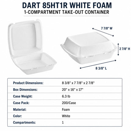 White foam 1-compartment take-out container shown on a white background with dimension arrows and a specification table. Text at top reads 'DART 85HT1R WHITE FOAM 1-COMPARTMENT TAKE-OUT CONTAINER.