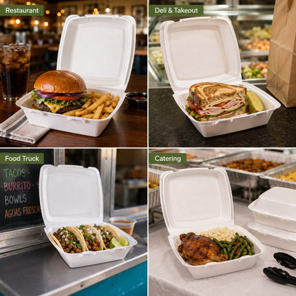 A four-panel collage showing white foam take-out containers filled with different foods: a burger and fries at a restaurant, a sandwich at a deli, tacos at a food truck, and a chicken meal at catering. Each panel includes a small green label reading Restaurant, Deli & Takeout, Food Truck, and Catering.