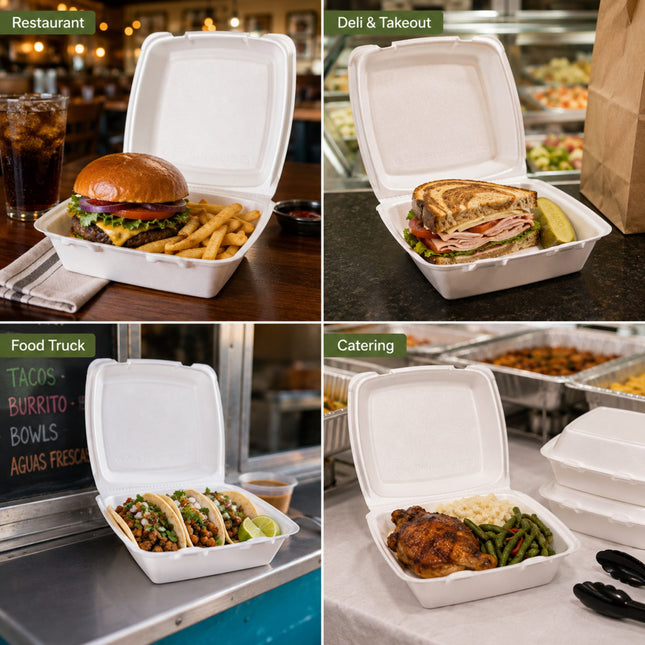 A four-panel collage showing white foam take-out containers filled with different foods: a burger and fries at a restaurant, a sandwich at a deli, tacos at a food truck, and a chicken meal at catering. Each panel includes a small green label reading Restaurant, Deli & Takeout, Food Truck, and Catering.