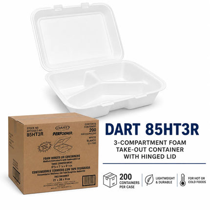 A white 3-compartment foam take-out container with a hinged lid is shown open above a brown cardboard box labeled DART 85HT3R, with product text and feature icons on a white background.