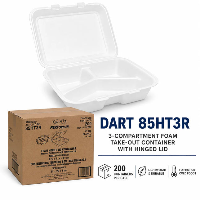 A white 3-compartment foam take-out container with a hinged lid is shown open above a brown cardboard box labeled DART 85HT3R, with product text and feature icons on a white background.