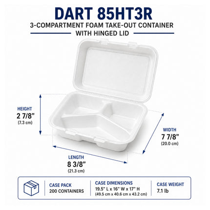 White 3-compartment foam take-out container with hinged lid, labeled as DART 85HT3R, with dimension lines showing height, width, and length, plus case pack and case weight information at the bottom.