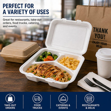 White compartmental take-out food container shown open on a wooden table, filled with grilled rice, broccoli, carrots, and macaroni. A closed kraft paper meal bag, takeaway cup, fork, knife, and promotional text are also visible.