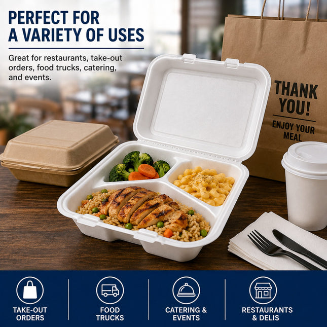 White compartmental take-out food container shown open on a wooden table, filled with grilled rice, broccoli, carrots, and macaroni. A closed kraft paper meal bag, takeaway cup, fork, knife, and promotional text are also visible.