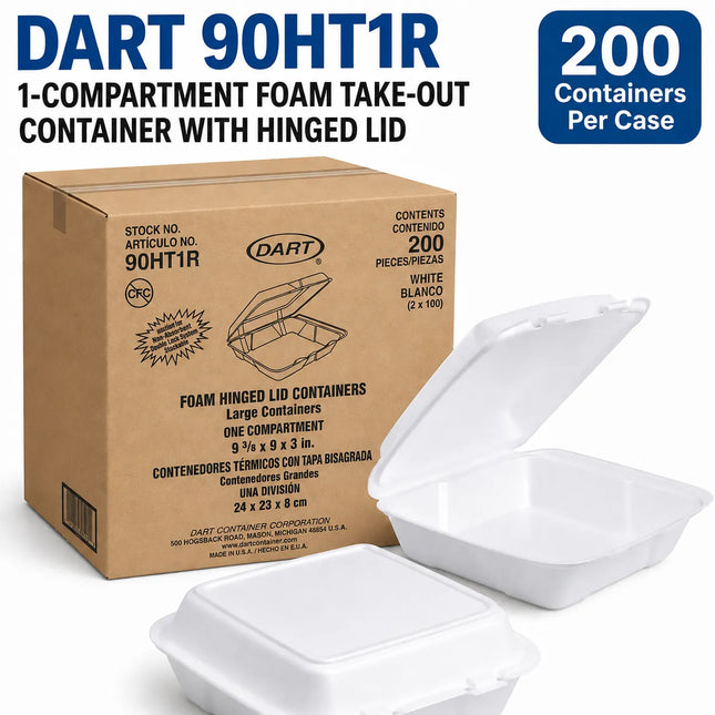 A box of Dart 90HT1R foam take-out containers with a hinged lid, shown alongside two white plastic containers. The packaging indicates a stock number of 90HT1R, containing 200 pieces per case, and is set against a plain white background with a blue '200 Containers Per Case' badge in the top right.