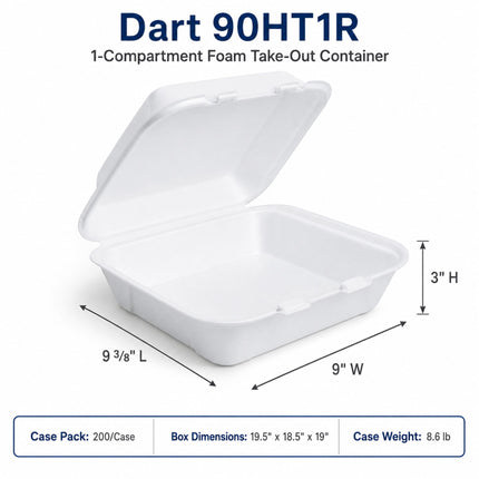 White Dart 90HT1R 1-compartment foam take-out container shown open with dimension arrows indicating 9 3/8 inches long, 9 inches wide, and 3 inches high, plus a bottom text panel with case pack and weight information.