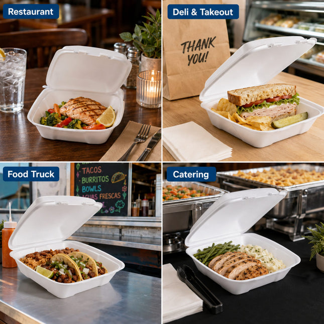 A four-panel collage showing white foam take-out food containers in use at different service locations: a restaurant table, a deli counter, a food truck, and catering buffet. Each panel shows an open container with prepared food, and one panel includes a paper thank-you card.