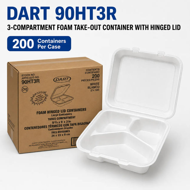A white foam 3-compartment take-out container shown open in front of its brown cardboard packaging box. Text at the top reads 'DART 90HT3R' and '3-COMPARTMENT FOAM TAKE-OUT CONTAINER WITH HINGED LID' with '200 Containers Per Case' highlighted in a blue badge.