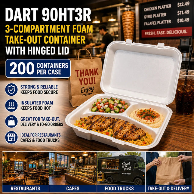 White 3-compartment foam take-out container with hinged lid shown open, containing grilled chicken, rice, and salad. Large promotional text on the left describes the Dart 90HT3R container and includes usage benefits.
