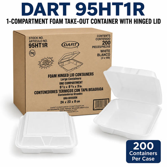 A box of Dart 95HT1R foam take-out containers with hinged lids, shown with two white plastic containers in front on a white background. The image includes text indicating 200 containers per case.