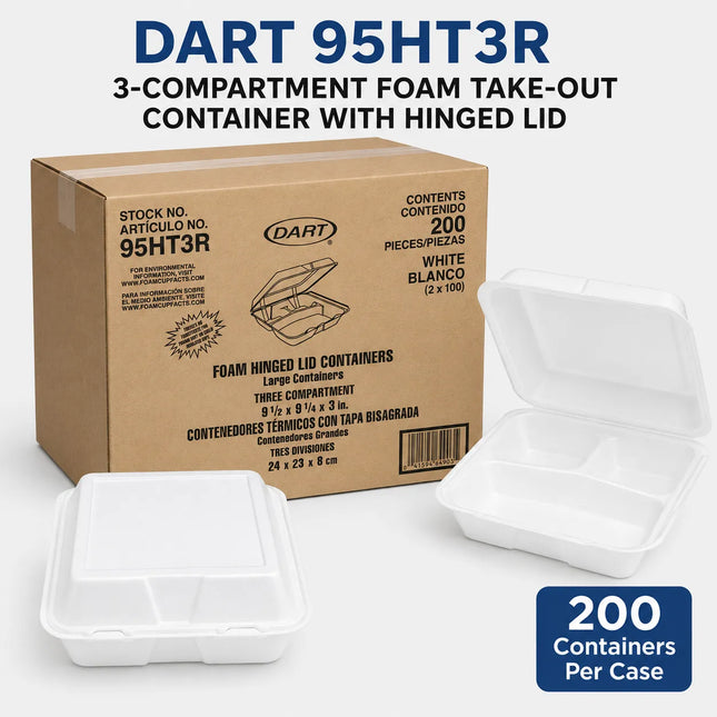 Dart 95HT3R 3-compartment foam take-out container with hinged lid, shown with a brown branded shipping box and two white plastic containers on a light gray background. Text reads 'DART 95HT3R' and '3-COMPARTMENT FOAM TAKE-OUT CONTAINER WITH HINGED LID,' with a blue badge stating '200 Containers Per Case.