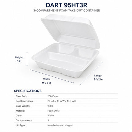 White 3-compartment foam take-out container labeled DART 95HT3R, shown open with dimension lines indicating height 3 in, width 9 1/4 in, and length 9 1/2 in, plus a specifications table below on a white background.