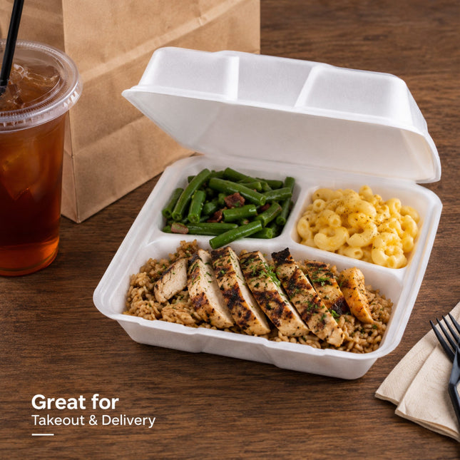 An open white foam takeout container on a wooden table, filled with sliced grilled chicken over rice, green beans, and macaroni. A brown paper bag and an iced iced tea are visible in the background, with the text 'Great for Takeout & Delivery' in the lower left.