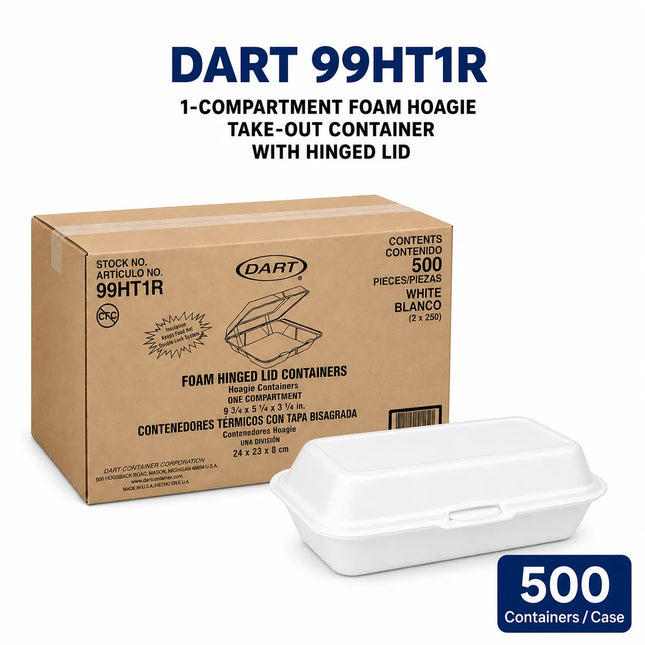 A brown cardboard box of DART 99HT1R foam hinged lid containers with a white plastic container in front, plus text reading 'DART 99HT1R' and '500 Containers/Case' on a white background.