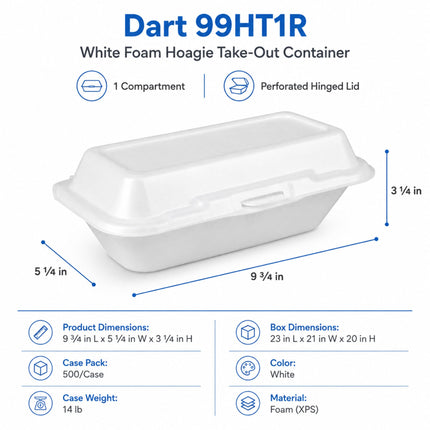White foam hoagie take-out container labeled Dart 99HT1R with dimension lines showing 9 3/4 by 5 1/4 by 3 1/4 inches, plus product specs and material information on a white background.