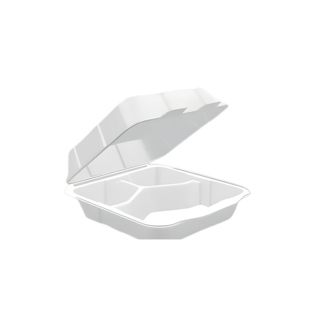 Foam Pak FP2430 White Foam Hinged Lid Container 8 3/8" x 7 7/8" x 2 7/8" - 3 Compartment – 200/Case