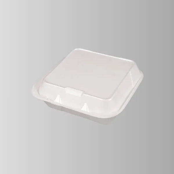 Foam Pak FP2400 White Foam Hinged Lid Small Container 8 3/8" x 7 7/8" x 2 7/8" - 1 Compartment – 200/Case