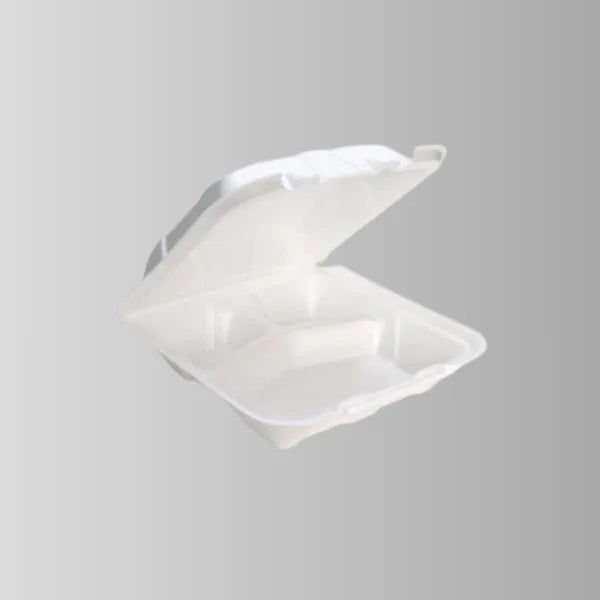 Foam Pak FP8003 White Foam Hinged Lid Container 8" x 8" - 3 Compartment – 200/Case