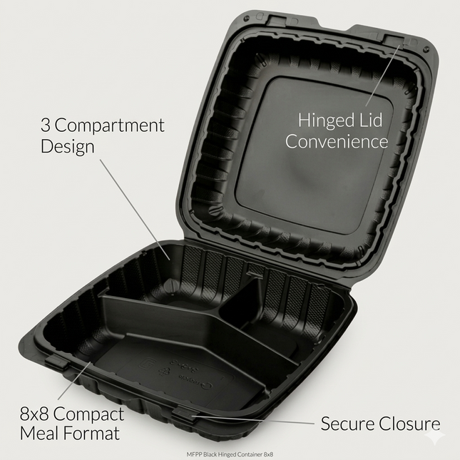 MFPP Black Hinged Container 3 Compartment 8x8 150/Case