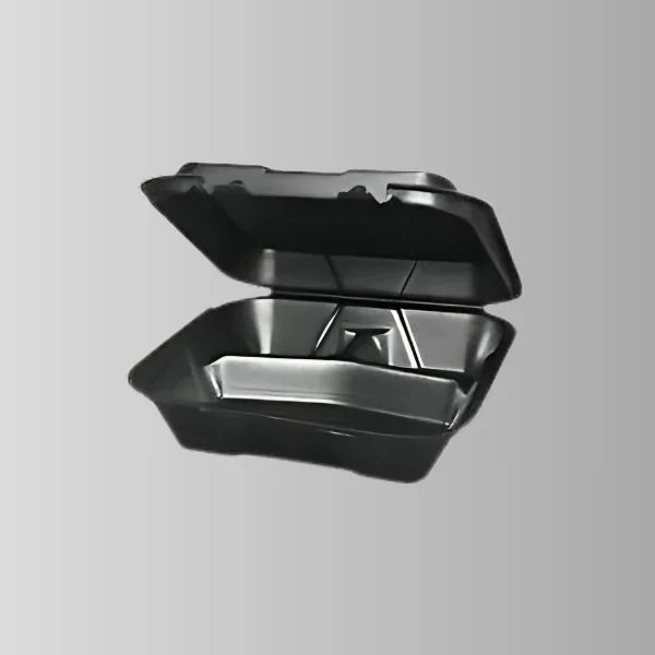 Genpak SN243-3L Black Foam Hinged Lid Container 8" x 8" - 3 Compartment – 200/Case