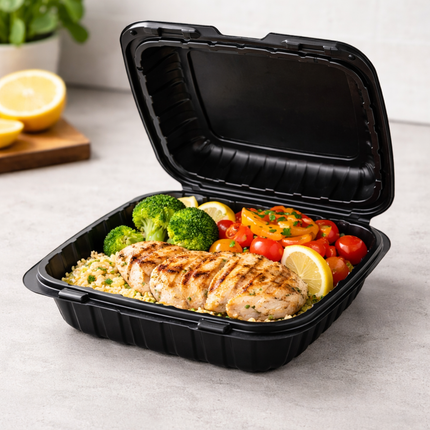 MFPP Black Hinged Container 1 Compartment 8x8 150/Case