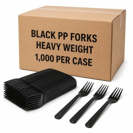 A bulk pack of black plastic forks, with a stack of forks and three individual forks displayed in front of a brown cardboard box labeled 'BLACK PP FORKS HEAVY WEIGHT 1,000 PER CASE'.