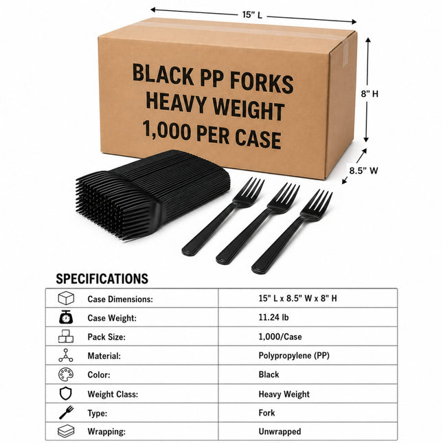 Black heavy-duty polypropylene forks displayed in front of a brown cardboard box with printed dimensions and a specifications table below.