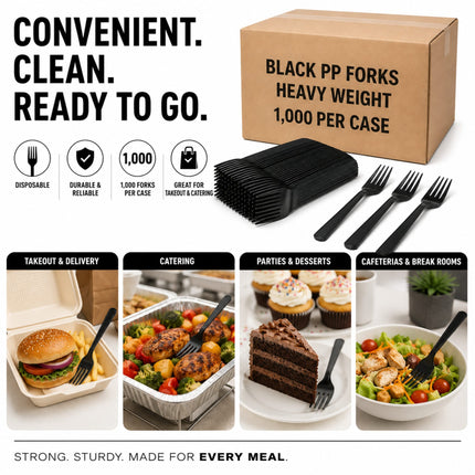 Black heavy-duty PP plastic forks sold in cases of 1,000 per case, shown with a brown cardboard box, a stack of black forks, three individual forks, and four lifestyle food images at the bottom.