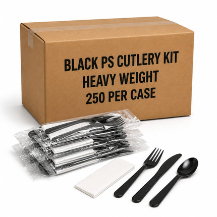 A cardboard box labeled 'BLACK PS CUTLERY KIT HEAVY WEIGHT 250 PER CASE' with several packaged black plastic cutlery pieces and a few loose black utensils displayed in front on a white background.