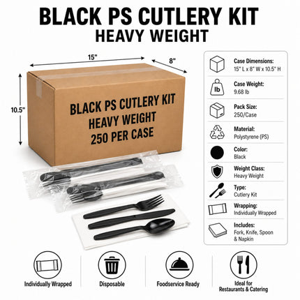 Black PS cutlery kit heavy weight packaging and contents on a white background, with dimensions, weight, material, color, and included utensils shown in a product info panel.