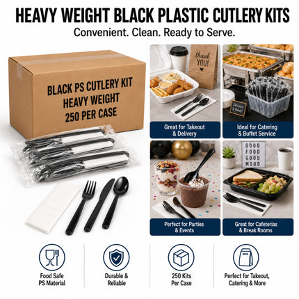Black plastic cutlery kit shown with a brown cardboard box labeled 'BLACK PS CUTLERY KIT HEAVY WEIGHT 250 PER CASE,' several packaged utensils, a folded white napkin, and six usage场景 photos showing catering and party settings. Text at the top reads 'HEAVY WEIGHT BLACK PLASTIC CUTLERY KITS' and icons at the bottom mention food safe PS material, durable & reliable, 250 kits per case, and suitable for takeaway, catering, and more.