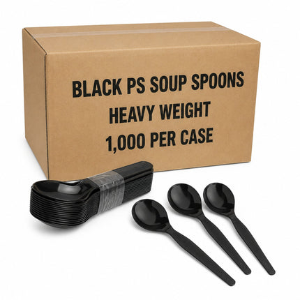 A brown cardboard box labeled 'BLACK PS SOUP SPOONS HEAVY WEIGHT 1,000 PER CASE' with a stack of black plastic soup spoons and three loose black spoons in front on a white background.