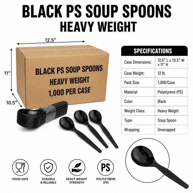 Black PS soup spoons heavy weight shown with a brown cardboard box, three loose spoons, a packaged bundle, a specifications table, and feature icons on a white background.