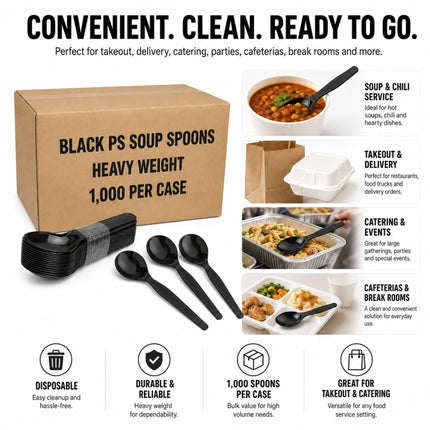 Black PS soup spoons shown with a brown cardboard box, three loose spoons, and several usage场景 photos and text callouts on a white background. The image promotes disposable heavy-duty soup spoons for takeout, delivery, catering, and break rooms.