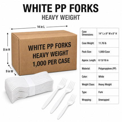 White PP heavy-duty forks shown with a brown cardboard case and a dimension/specification table on a white background.