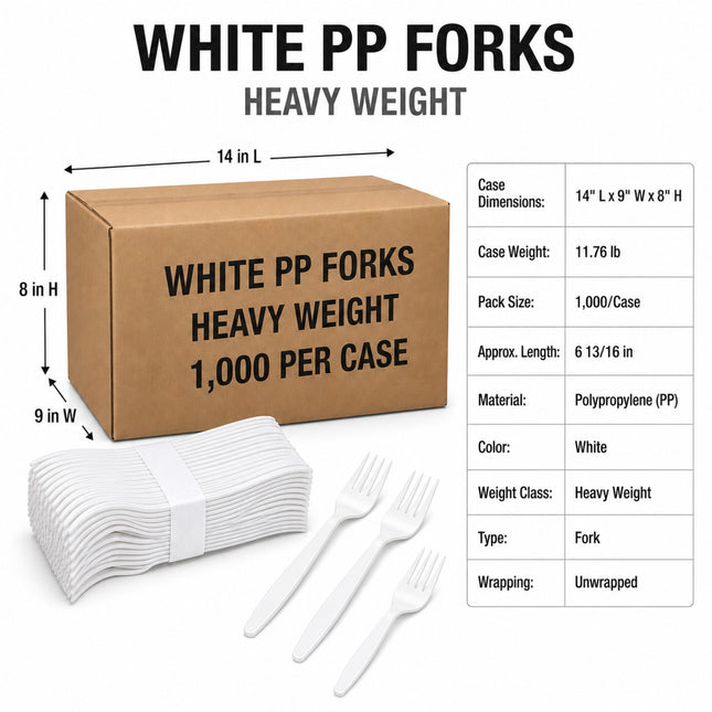 White PP heavy-duty forks shown with a brown cardboard case and a dimension/specification table on a white background.