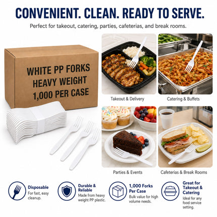 White plastic disposable forks shown with a brown cardboard box labeled 'WHITE PP FORKS HEAVY WEIGHT 1,000 PER CASE' on a white background. The image includes food photos demonstrating use at takeout, catering, parties, and cafeterias, plus feature icons and text about disposal, durability, bulk value, and suitability for events.