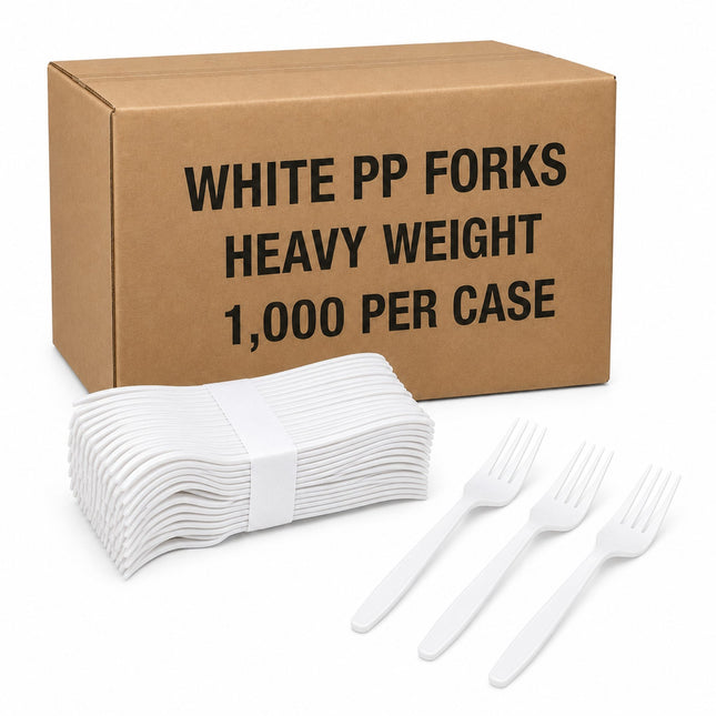 A brown cardboard box labeled 'WHITE PP FORKS HEAVY WEIGHT 1,000 PER CASE' with a stack of white plastic forks and three loose forks in front on a white background.