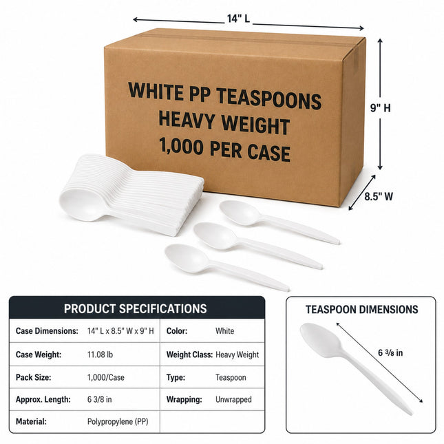 White PP heavy-duty teespoons shown with a brown cardboard box labeled 'WHITE PP TEASPOONS HEAVY WEIGHT 1,000 PER CASE' on a white background, with dimension callouts, product specs table, and teespoon size inset.
