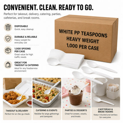White plastic heavy-duty teacups and spoons shown with a brown cardboard box labeled 'WHITE PP TEASPOONS HEAVY WEIGHT 1,000 PER CASE' on a white background, plus marketing text and four small usage场景 photos at the bottom.