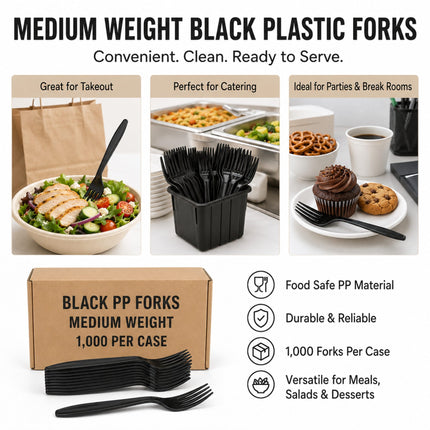 Black plastic forks in a bulk carton case, shown with usage examples for catering, takeout, and parties, plus product features text on a white background.