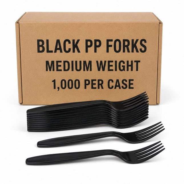 A box of black plastic forks with three forks displayed in front. The kraft paper box is labeled 'BLACK PP FORKS MEDIUM WEIGHT 1,000 PER CASE'.