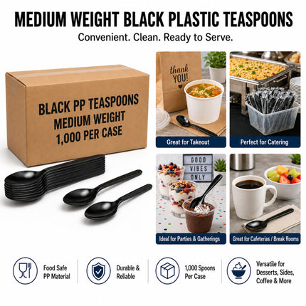Black plastic teespoons shown with a brown cardboard box labeled 'BLACK PP TEESPOONS MEDIUM WEIGHT 1,000 PER CASE' on a white background, plus usage examples for takeout, catering, parties, and cafeterias.